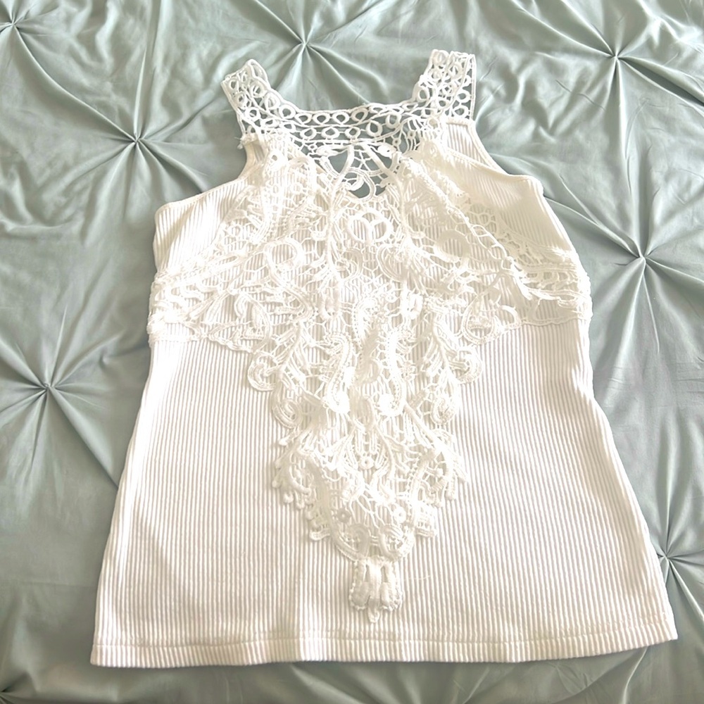 Ribbed tank with lace look overlay